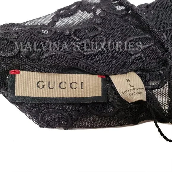 GUCCI GLOVES 787379 BLACK TULLE w GG LOGO MOTIF EMBROIDERY sz 8 / L - Picture 9 of 14